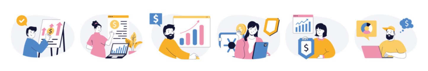 Poster - Business concept set with characters in flat design for web. People analyzing financial reports, setting financial goals, developing company strategy and finding solutions. Vector illustrations.