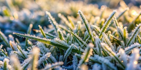 Wall Mural - Close-up shot of frozen dew drops on green grass from an aerial perspective