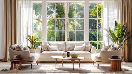 Classic living room interior with comfortable cozy sofas and table near big window