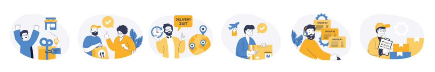 Aufkleber - Delivery concept set with characters in flat design for web. People receiving parcel box from courier, ordering express shipping, using air shipment with global logistic company. Vector illustrations.