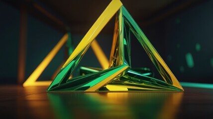 Poster - Three abstract triangular shapes in green and yellow metallic colors on a wooden floor with a dark background.
