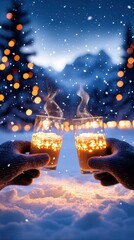 Two steaming glasses clink together in a snowy winter wonderland filled with lights.