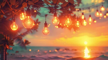 Poster - Hanging light bulbs illuminate the ocean at sunset, creating a captivating display of lights and colors.