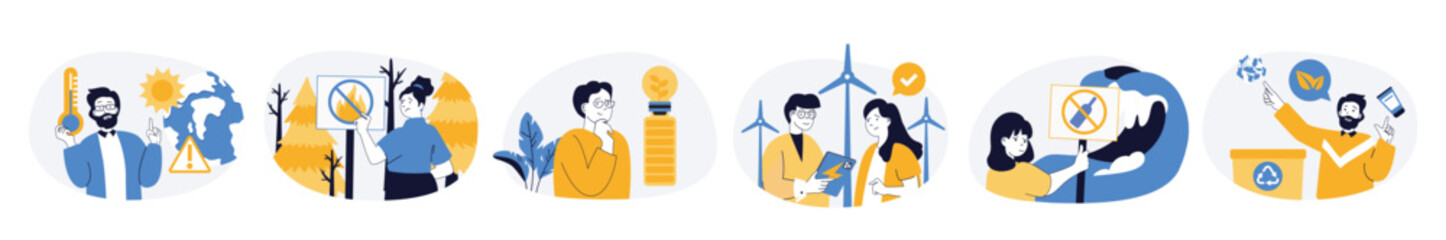 Poster - Ecology concept set with characters in flat design for web. People trying to stop climate change and fights wildfires, saving resources, recycling waste, lead eco lifestyle. Vector illustrations.