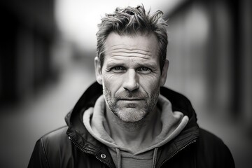 Portrait of a handsome mature man in a urban environment. Black and white.