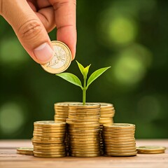 People's hand dropping a gold coin on coins stacks with growing young plant with natural green background, savings, investment, financial business concept