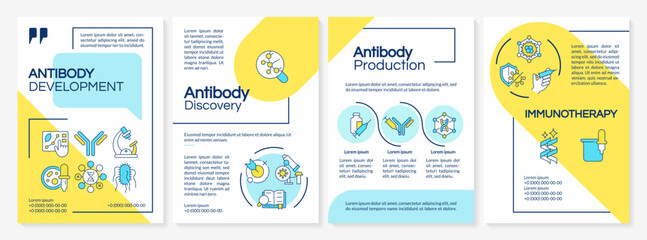 Antibody development blue and yellow brochure template. Leaflet design with linear icons. Editable 4 vector layouts for presentation, annual reports. Questrial, Lato-Regular fonts used