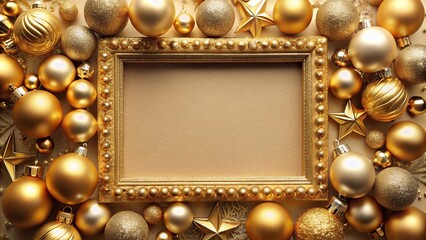 Extreme close-up of gold frame with golden Christmas ornaments