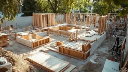 Poster - Early stage of residential construction with prefabricated components laid out on-site