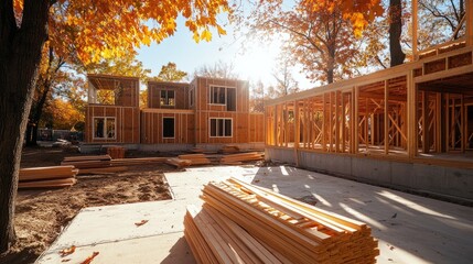 Poster - Early stage of residential construction with prefabricated components laid out on-site