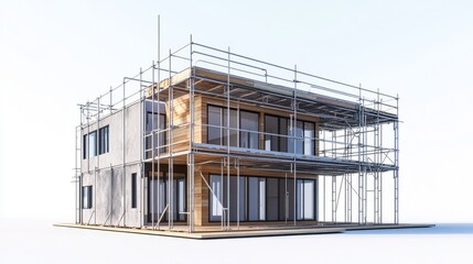 Poster - Residential house build using prefabricated modules, with scaffolding around the structure