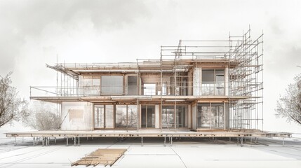 Poster - Residential house build using prefabricated modules, with scaffolding around the structure