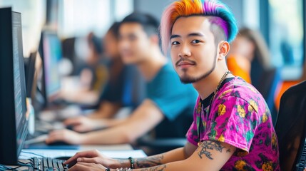Poster - Young man with colorful hair working on computer in modern office