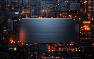 Poster - A futuristic circuit board design featuring glowing elements and a central metallic panel.
