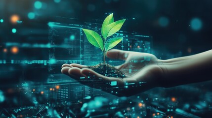  - Digital plant growth in hand, symbolizing technology and nature integration