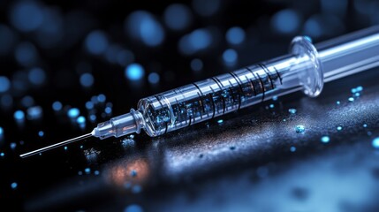 Poster - A syringe is on a dark surface with a blue background