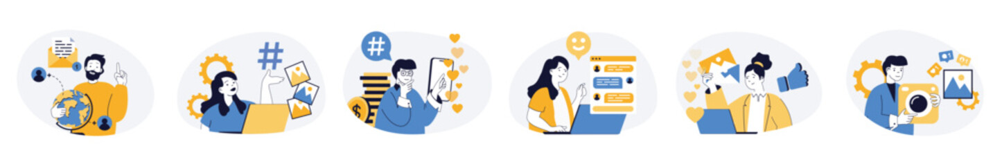 Aufkleber - Social network concept set with characters in flat design for web. People communicating online at chats, leaving comments and reactions at forums, talking in internet community. Vector illustrations.