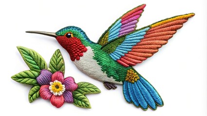 colorful hummingbird with flower embroidered patch isolated on white background