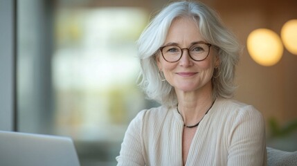 Wall Mural - A woman with glasses is sitting in front of a laptop