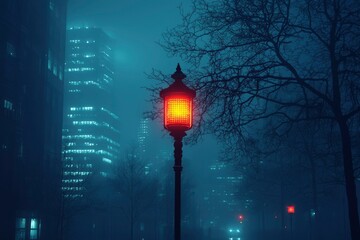 Wall Mural - A Glowing Street Lamp in a Foggy City at Night