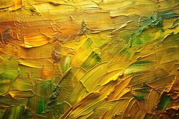 Extreme close-up warm abstract oil painting featuring smears of earthy olive green and golden yellow