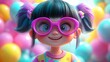 © K4VEE - A cute girl with pigtails and pink glasses smiling, a colorful background of balloons
