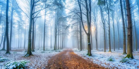 Wall Mural - foggy winter morning in forest background wide-angle