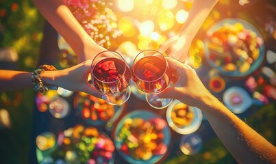 Wall Mural - A toast with wine during a casual outdoor gathering. AI.