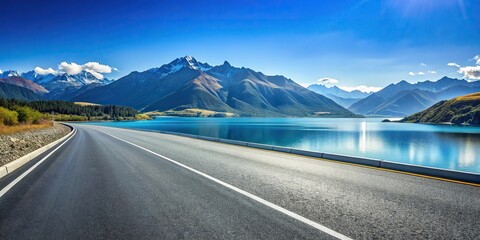 Wall Mural - Forced perspective asphalt highway road and blue lake with mountain nature landscape under blue sky