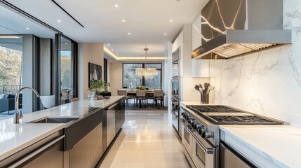 Wall Mural - Modern minimalist kitchen with sleek, polished surfaces and high-end appliances, exuding luxury and refined elegance