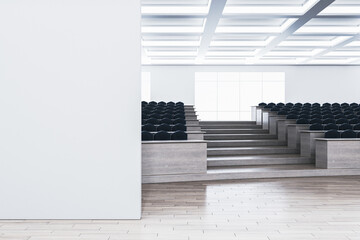 Aufkleber - Modern wooden and concrete auditorium interior with empty mock up place on wall, panoramic windows, city view and daylight. 3D Rendering.