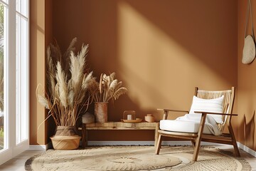 Dark living room interior with mockup in boho decoration and wooden furniture on brown background