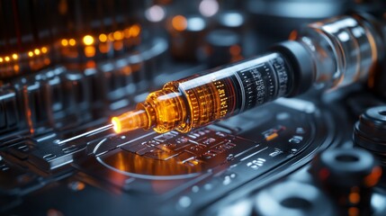 Poster - A syringe is on a circuit board with a bright orange liquid inside