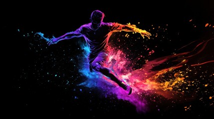 Dynamic soccer player silhouette with colorful splashes, vibrant motion effect