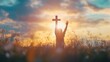 © Julia - Worship God concept: Silhouette christian people hand rising over blurred cross on spiritual light background