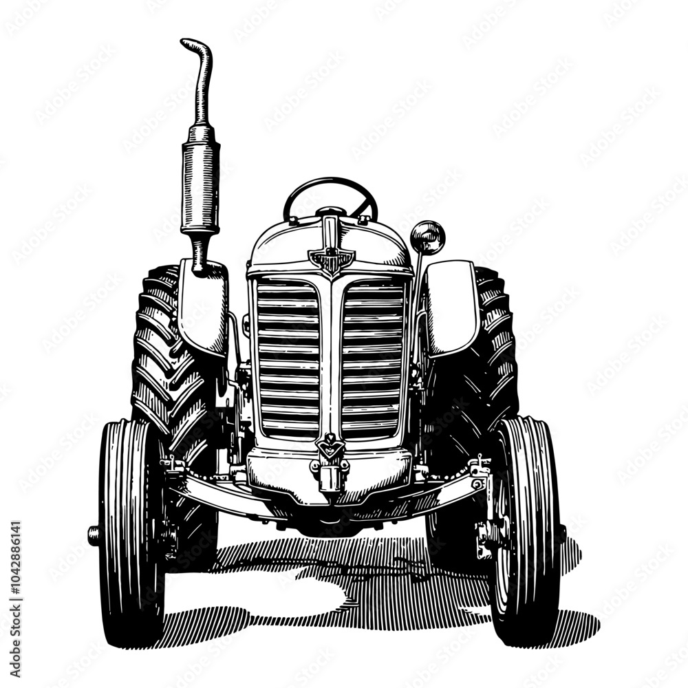 Vintage Tractor with Front View in Black and White Outline Line Art ...