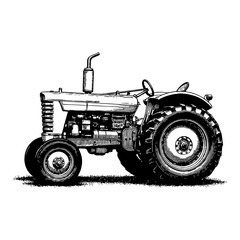 Fototapete - Vintage Tractor Side View Detailed Black and White Outline Line Art Drawing Classic Style