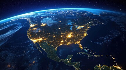 north america at night, illuminated cities, earth from space, starry background