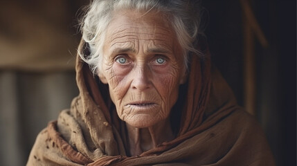 Wall Mural - Old Woman face curious face. In front of the camera. Strong and Brave. Demanding something. background.