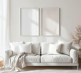 Minimalist living room interior with a white sofa, two blank frames mockup on the wall, perfect for showcasing your artwork or designs.