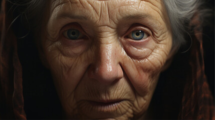 Wall Mural - Old Woman face curious face. In front of the camera. Strong and Brave. Demanding something. background.