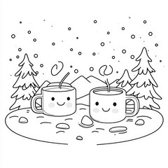 Wall Mural - A cozy winter evening with hot drinks, coloring page for kids, simple outline illustration. Coloring book, simple lines.