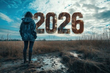 Woman standing in a field with a sign that says 2026