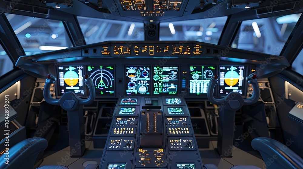 Airplane cockpit with illuminated control panel and flight instruments ...