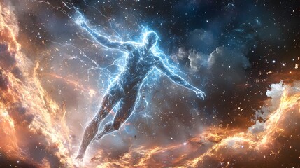 Wall Mural - Beams of electricity stretch from the figure connecting it to the starry universe