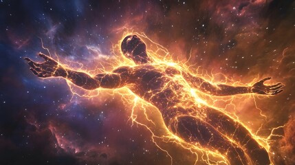 Wall Mural - Beams of electricity stretch from the figure connecting it to the starry universe