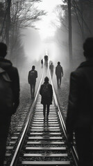 Monochrome Journey: Silhouetted Figures Walking along Railroad Tracks in Misty Atmosphere