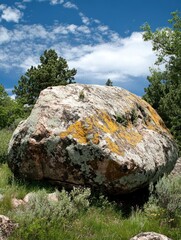 Wall Mural - Large Boulder with Lichen in a Grassy Meadow