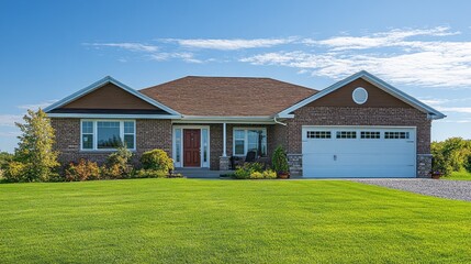 Poster - A large brick house with a white garage door and a red front door