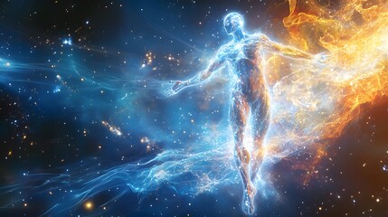 Wall Mural - Electric tendrils glow from the cosmic figure as it merges with the distant stars
